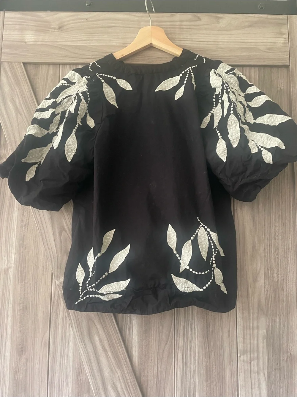 Anthropologie Black V-Neck Top with White Leaf Embroidery